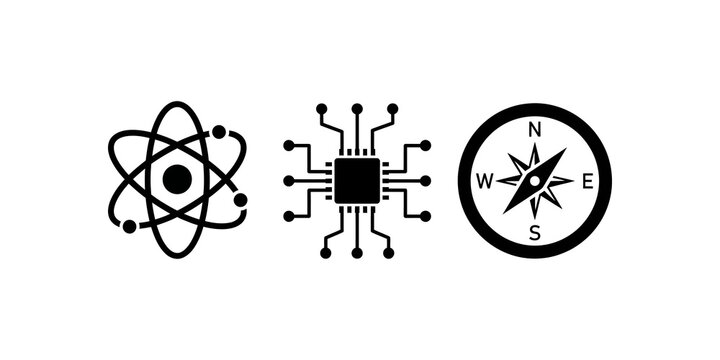 Atomic symbol, microchip circuit, and compass rose, representing science, technology, and direction, black vector icons.