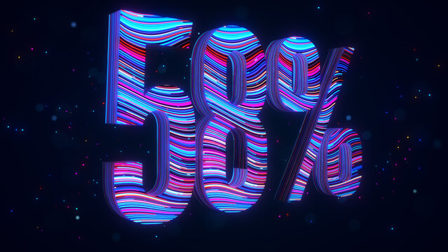 Large futuristic 3D 58 percent typography in perspective with vibrant blue and purple flowing stripes, glowing particles, and luminous bokeh against a dark digital space background.