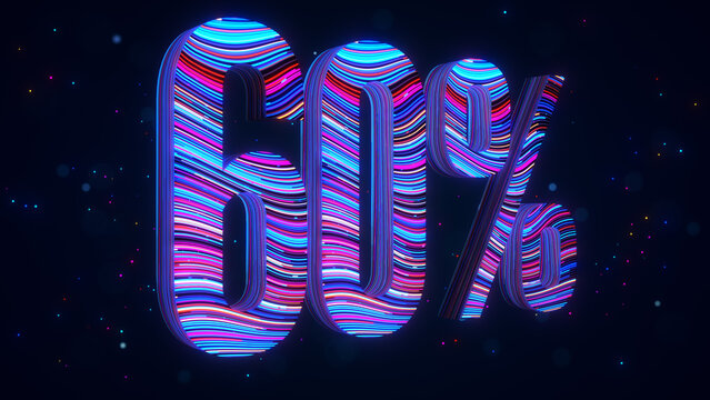 Large futuristic 3D 60 percent typography in perspective with vibrant blue and purple flowing stripes, glowing particles, and luminous bokeh against a dark digital space background.