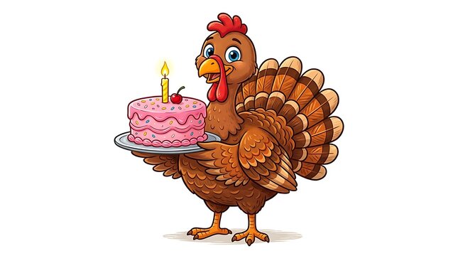 Happy cartoon chicken carrying a pink birthday cake with a lit candle