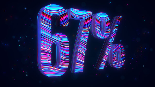 Large futuristic 3D 67 percent typography in perspective with vibrant blue and purple flowing stripes, glowing particles, and luminous bokeh against a dark digital space background.