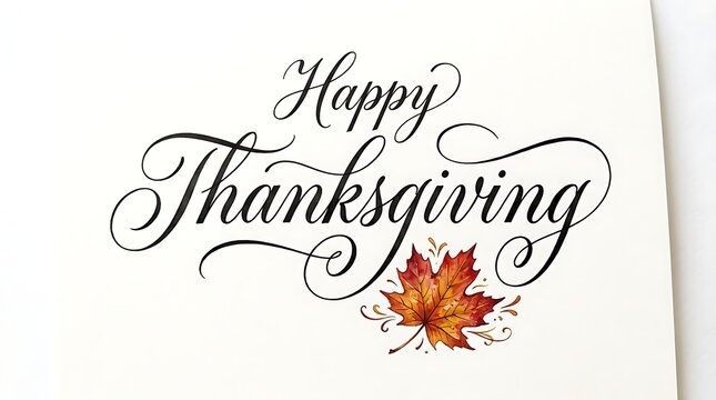 Elegant calligraphy reads happy thanksgiving with autumn leaves and floral accents