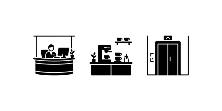 Reception desk with person, coffee station with machine and cups, and elevator doors symbolizing office services and facilities.