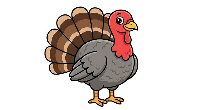 Cartoon illustration of a turkey standing with colorful feathers and red wattle
