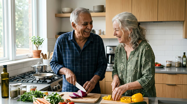 A joyful senior couple shares a pleasant moment while preparing healthy ingredients for dinner inside their residence kitchen where they laugh and talk together while cutting vegetables for meal