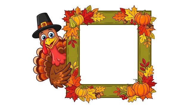 Festive thanksgiving frame with a cartoon turkey and colorful autumn leaves