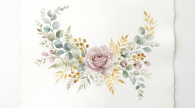 Delicate watercolor floral arrangement with a blush rose and lush green foliage