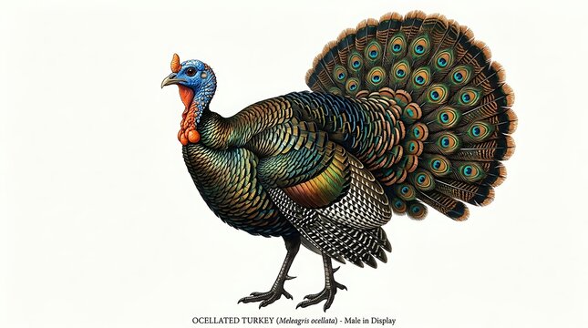 Vintage lithograph illustration of a wild turkey displaying its vibrant plumage