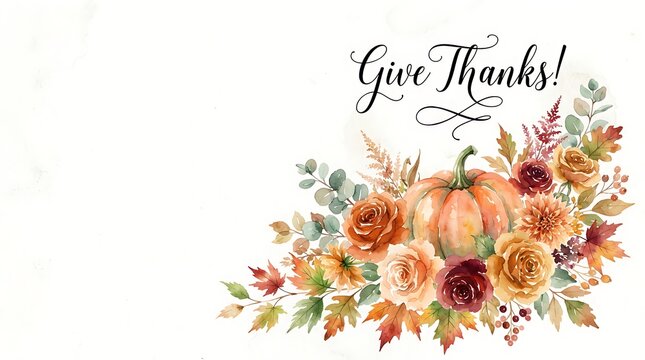 Watercolor floral arrangement with elegant calligraphy saying give thanks for autumn celebrations
