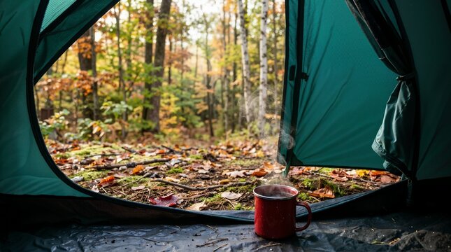 Red enamel mug with steaming hot coffee at tent entrance in autumn forest. Morning view of colorful fall foliage from campsite