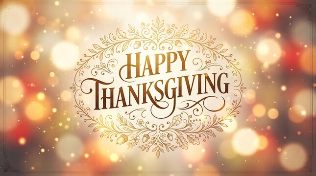 Festive happy thanksgiving background with blurred lights and elegant calligraphy