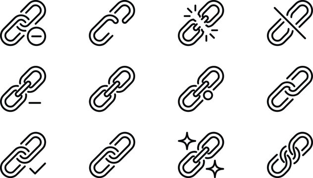 Hyperlink chain and broken link icon set for website url connection unlink disconnect network relationship security and web interface vector design