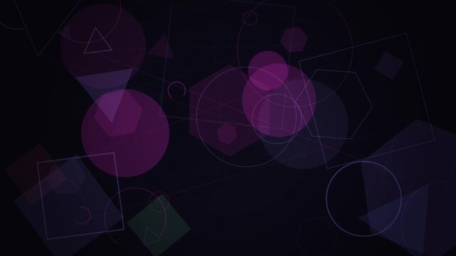 The video features a looping animation of purple geometric shapes and circles on a dark background.