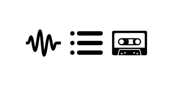 Group of three audio icons showing sound wave, playlist menu, and cassette tape for music and sound recording.