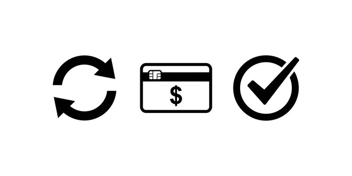 Abstract icons depicting refresh credit card and check mark for confirmation and payment processing.