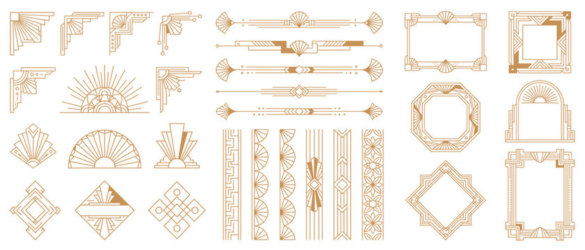 Art Deco gold line corners, frames and dividers. Geometric 1920s fan, sunburst and diamond ornaments, borders and headers. Vintage gatsby elements for wedding invitation, card, poster. Vector set