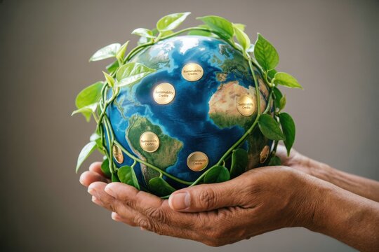 Un modelo de globo terr&aacute;queo envuelto en follaje y marcado con cr&eacute;ditos de sostenibilidad es sostenido por unas manos abiertas, simbolizando el compromiso con el equilibrio en los niveles de emisiones