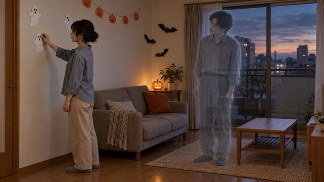 ハロウィンの飾り付けをする女性の横に現れた知らない幽霊