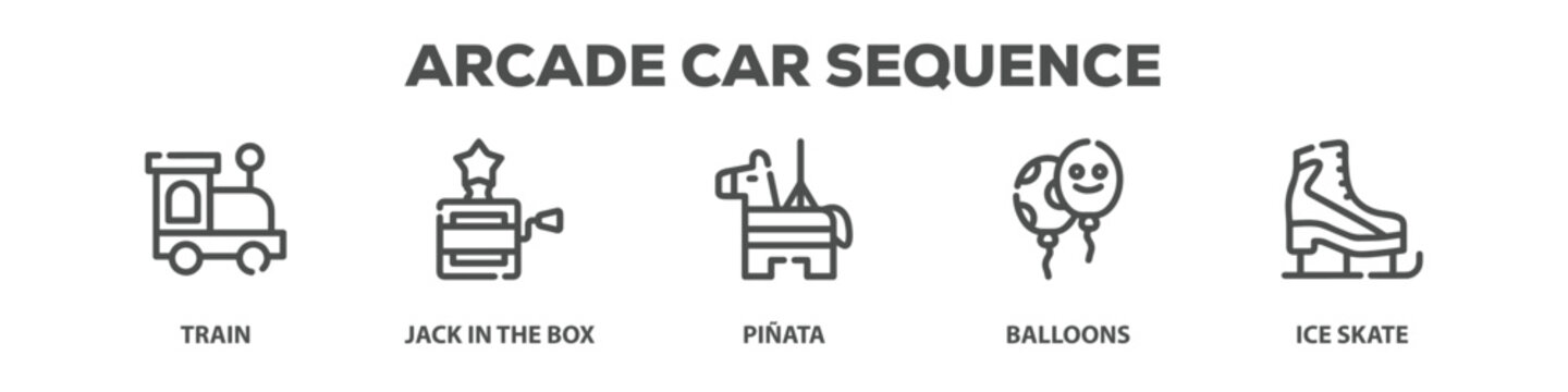 Arcade Car Sequence with icon of Train, Jack in the box, Pi&ntilde;ata, Balloons, Ice skate