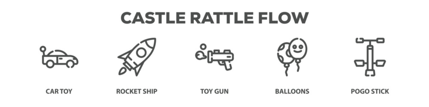 Castle Rattle Flow with icon of Car toy, Rocket ship, Toy gun, Balloons, Pogo stick