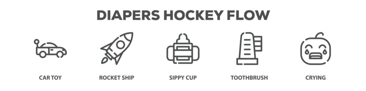 Diapers Hockey Flow with icon of Car toy, Rocket ship, Sippy cup, Toothbrush, Crying