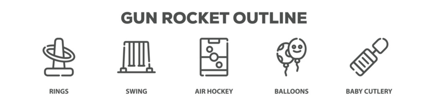 Gun Rocket Outline with icon of Rings, Swing, Air hockey, Balloons, Baby cutlery