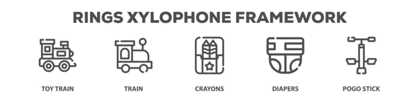 Rings Xylophone Framework with icon of Toy train, Train, Crayons, Diapers, Pogo stick