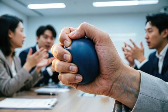 Manos apretando una pelota antiestr&eacute;s bajo una mesa de conferencias, mientras de fondo se ve a compa&ntilde;eros gesticulando animadamente durante una discusi&oacute;n acalorada