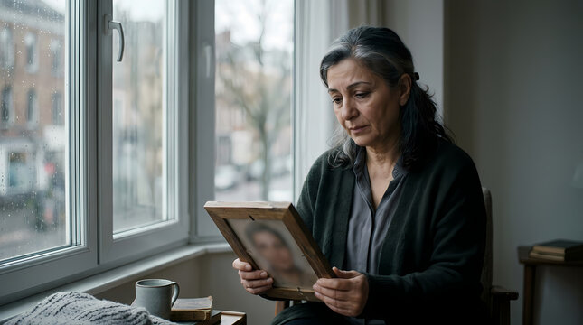 A mature woman sits by a home window while looking down at a vintage picture frame holding a sentimental portrait of a loved person while she experiences deep reflection and peaceful reminiscence