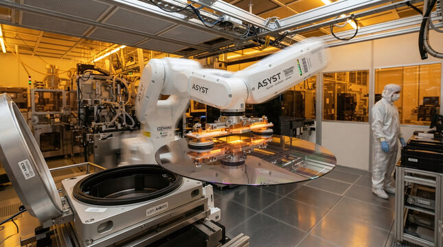 Robotic end effector handling 300mm silicon wafer in yellow cleanroom fab