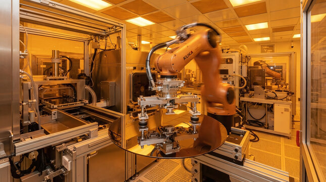 Robotic end effector handling 300mm silicon wafer in yellow cleanroom fab