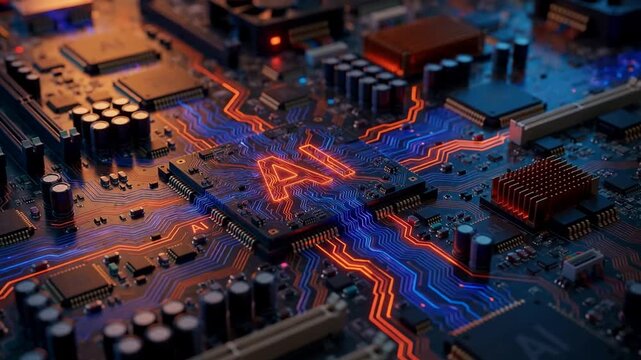 Extreme macro of futuristic AI processor chip with glowing circuitry