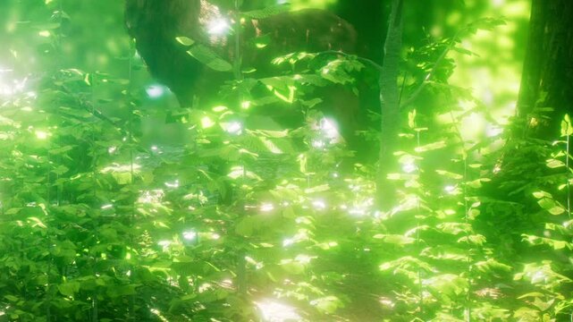 Bright sunlight filters through vibrant leaves in a peaceful forest setting. Small plants thrive amidst the rich greenery, creating a tranquil atmosphere.