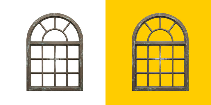 Old rustic wooden arched window frame with glass panes design element