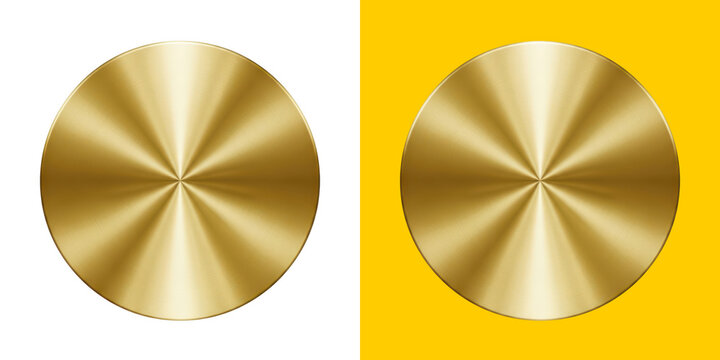 Shiny brushed gold metallic circular button or coin shape