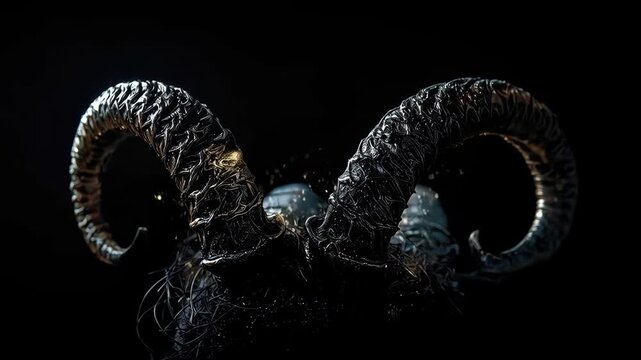 Dark Fantasy Ram Skull with Curled Horn on Black Background, Golden Sparks and Glittering Particles