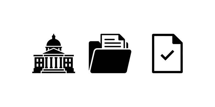 Government building, folder with documents and check mark icon for official records and approved submissions.