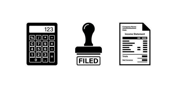 Calculator, stamped word filed and income statement document for financial calculation and record keeping.