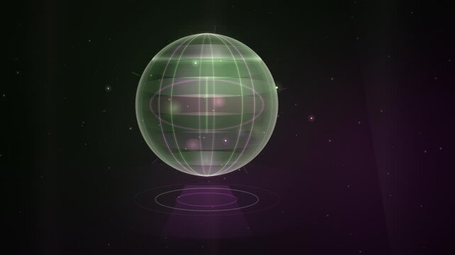 Glowing green wireframe sphere floats against a starry cosmic backdrop in a looping abstract animation.