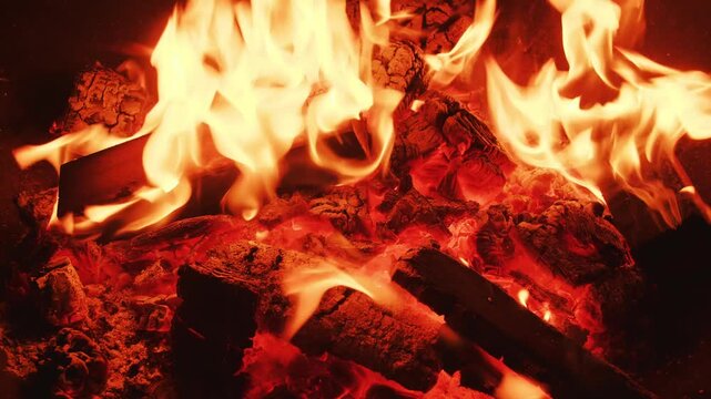 Close-up of a campfire with bright orange flames dancing around burning firewood, glowing embers and detailed textures of charred logs in the warm firelight.