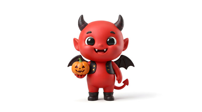 Cute cartoon red devil character holding a small jackolantern isolated on white background