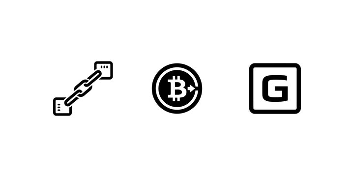 Blockchain link, Bitcoin symbol, and G letter in square representing cryptocurrency, digital currency, and financial technology network.