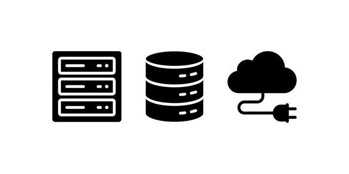 Server rack and database icons connected to cloud service with power plug symbol for IT infrastructure.