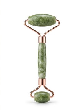 Green jade facial roller with rose gold metal frame on white background