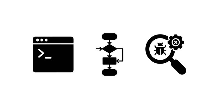 Black icons for coding, flowchart diagram, and bug fixing with magnifying glass for software development.