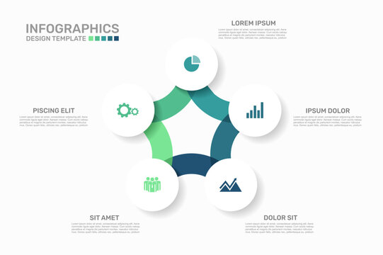 Circular infographics template with colorful steps and business icons for process workflow design. Vector illustration.