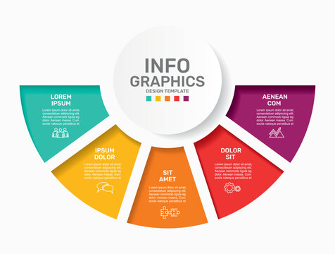 Modern business infographic template with colorful semi-circular options, icons, and text placeholders. Vector illustration.