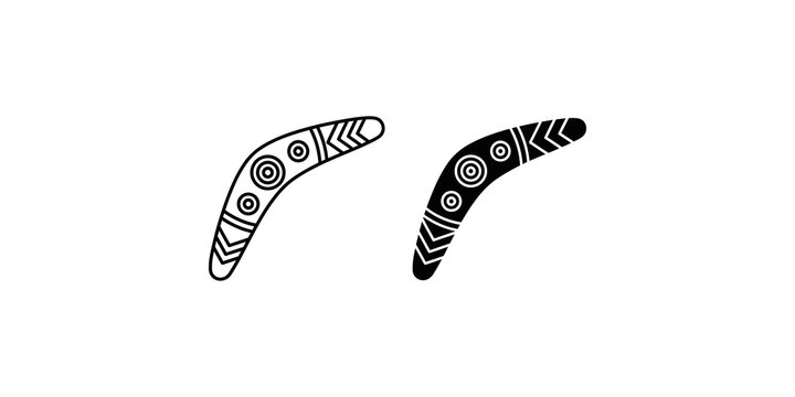 Aboriginal boomerang weapon icon set in outline and solid styles for australian cultural projects.