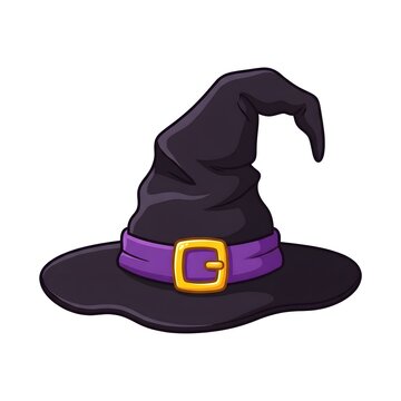 Cartoon Witch Hat Vector Illustration with Purple Band and Gold Buckle Isolated on White Background for Halloween