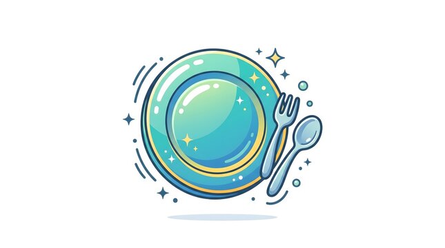A cute and glossy vector illustration of a clean ceramic plate, fork, and spoon with sparkling elements, isolated on a white background.